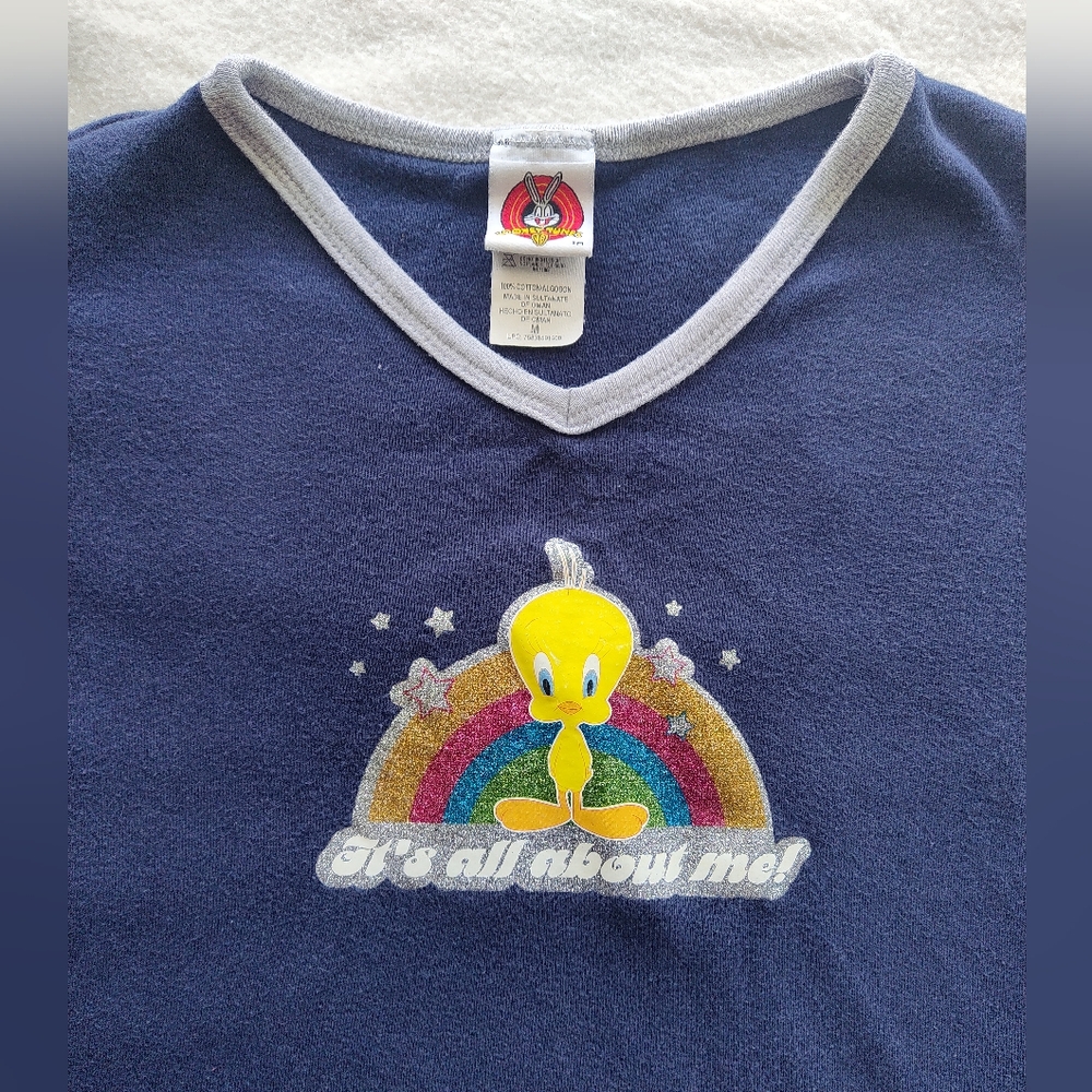 Rare Y2K Tweety Bird Shirt 2001 Size Medium Cropped Blue Tee It's All About Me